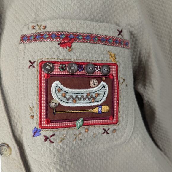 Christopher & Banks Sz S Embroidered Shirt Shacket Tan Beaded Canoe Motif - Picture 2 of 9